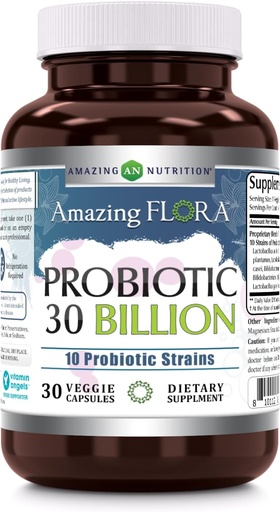 [BRSRAYY3BACAIAI7] Amazing Flora Probiotic 10 Best Probiotics Strains | 30 Billion | Veggie Capsules Supplement | Non-GMO | Gluten Free | Made in USA (1 Pack, 30 Count)