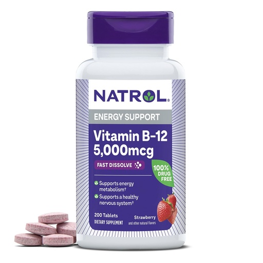 [BRSWGEAFB4BR6YLF] Natrol B12 Vitamins 5000 mcg, Fast Dissolve Vitamin B12 Supplement Supports a Healthy Nervous System and Energy Metabolism, 200 Tablets, Up to a 200 Day Supply