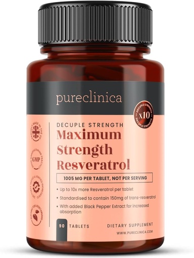 [BRSWIFI4AYHBYFA5] pureclinica 1000mg Resveratrol x 90 Tablets (3 Months Supply). 10 x Strength with Black Pepper Extract for Faster Absorption