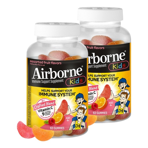 [BRSRMYI2AQFRG3DP] Airborne 500mg Vitamin C + Zinc Immune Support Supplement Gummies for Kids, Assorted Fruit Flavor, Gluten Free Crafted Blend with Powerful Antioxidants Vitamins C & E, 63 Gummies (2 Pack)