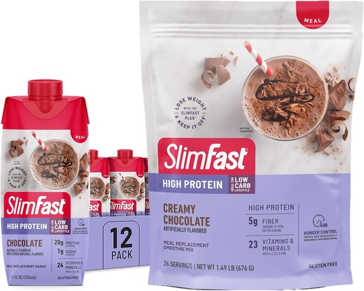 [BRSROZAFOQNRYFI3] SlimFast High Protein Chocolate Bundle- 12 Count of Chocolate High Protein Meal Replacement Shakes (20g Protein) with 26 Servings of Chocolate High Protein Powder Mix (20g Protein)