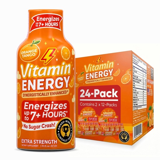 [BRSRAGL6CAFGKHLV] Vitamin Energy Orange Tango Extra Strength Energy Shot, 24 Pack - Up to 7 Hrs, 260mg Natural Caffeine, Zero Sugar - Green Tea Extract, Immune Support, B12 B6 Niacin, 1.93 fl oz, Keto Vegan
