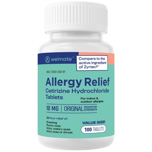 [BRSRAZYDDN7AYFDD] WELMATE Cetirizine HCl 10mg Tablets, 100 Count - 24 Hour Non Drowsy Allergy Relief - Sneezing, Runny Nose, Itchy Watery Eyes - Indoor & Outdoor Antihistamine - Vegetarian, Gluten Free