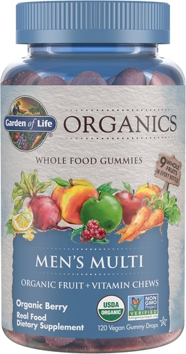 [BRSWECQ3DJ4G2EL2] Garden of Life Organics Mens Gummy Vitamins - Berry - Certified Organic, Non-GMO, Vegan, Kosher Complete Multi - Methyl B12, C ' D3 - Gluten, Soy ' Dairy Free, 120 Real Fruit Chew Gummies