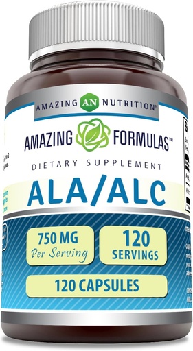 [BRSWIHABCZ4W2DLA] Amazing Formulas ALA/ALC (Alpha Lipoic Acid/Acetyl L-Carnitine) Supplement | 750 Mg Per Serving | Capsules | Non-GMO | Gluten-Free | Made in USA (1 Pack, 120 Count)