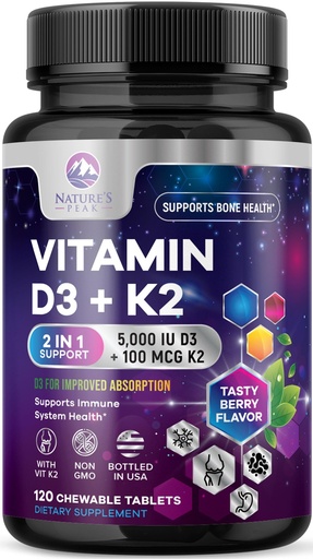 [BRSROAATCEBWE23A] Vitamin D3 K2 - 5000 iu Vitamin D3 & 100 mcg Vitamin K2 (MK-7) per Serving - Calcium Absorption, Bone & Heart Health Support - Berry Chewable, Gluten Free, Non-GMO, Bottled in USA - 120 Tablets