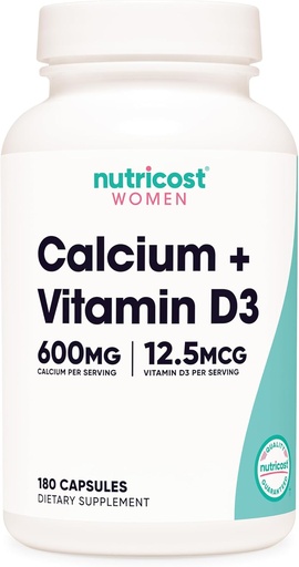 [BRSRAZL4BN4BUHY2] Nutricost Calcium (600мг) + Витамин D3 (12,5мкг) для женщин, 180 капсул - веганская, не-ГМО, без глютена - 60 сервий