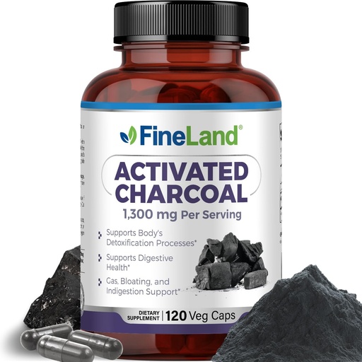 [BRSRAHQYAAAQ4FL5] FineLand Activated Charcoal 1300mg - Advanced Digestive Detox Cleanse, Helps with Gas and Bloating, Circulation & Cholesteroal Support - Made in USA, 120 Vegan Pills