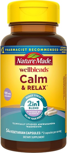 [BRSW2AI3PN6WGF3O] Nature Made Wellblends Calm " Relax, Ashwagandha 125mg, Magnesium 300 mg, 54 cápsulas vegetarianas