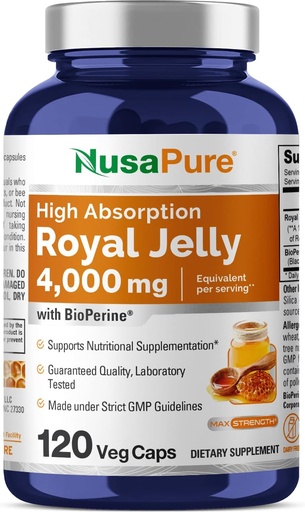 [BRSROAQEAQBGAF3J] NusaPure Royal Jelly 10:1 Extract, 400 mg Equivalent to 4000mg - 120 Veggie Capsules (Non-GMO, Gluten Free, Bioperine)