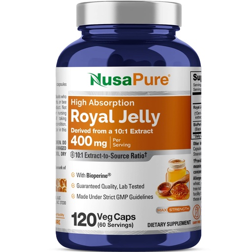[BRSROAQEAQBGAF3J] NusaPure Royal Jelly Capsules, 400 mg, 120 Veg Capsules (Non-GMO, Dairy Free)