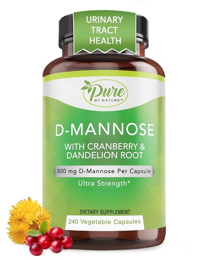 [BRSWG2Y3C4FAAALV] Pure By Nature 600mg D-Mannose Vegan Capsules with Cranberry & Dandelion Extract, Urinary Tract Health Support, Flush Impurity, Detox Body, 240 Count