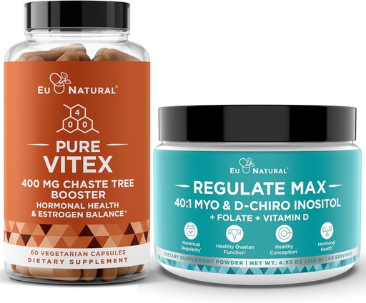 [BRSRAAYLPIHQACDX] Vitex Chasteberry Capsules & Regulate Max Myo-Inositol D-Chiro Inositol Powder - Natural PMS & Fertility Support, Balance Hormones, Regulate Cycle - 60 Vegan Soft Capules + 60 Servings Inositol Powder