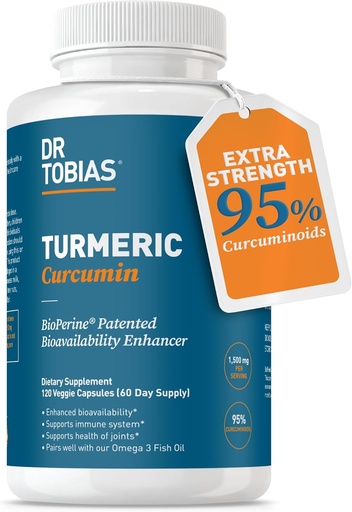 [BRSWIC35CUABYETK] Dr. Tobias Curcumin Turmeric 1500mg com BioPerine – Suplemento de força extra com 95% de Curcuminoides para apoio conjunto, Vitalidade geral & Saúde Imune, 120 Cápsulas Vegan, Não-GMO