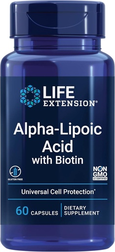 [BRSWIYQTPMIRUGD4] Acido alfa-lipoico con biotina, per la protezione delle cellule, antiossidante universale per la salute del fegato & Nerve, senza glutine, non OGM, 60 capsule