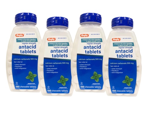[BRSWKGL3C57B22DO] Rugby Calcium Carbonate 500mg Antacid Tablets Peppermint, Regular Strengh, 150 Chewable Tablets - 4 Pack