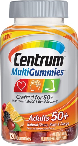 [BRSWG2YQAB4GA3A2] Centrum MultiGumies Възрастни (120 броя, естествена череша, Бери, портокалов аромат) Мултивитамини / Мултиминерални добавки Гумии, Витамини B12, D, E, Възраст 50+