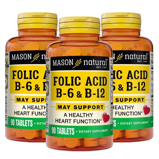 [BRSWIYA7CMGGG3L2] MASON NATURAL Heart Formula B6/B12/Folic Acid Tablets, Dietary Supplement Supports Cardiovascular Health, Red Blood Cell Formation, Metabolic Function, 90 Count (Pack of 3)