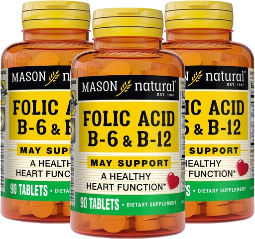 [BRSWIYA7CMGGG3L2] MASON NATURAL Heart Formula B6/B12/Folic Acid Tablets, Dietary Supplement Supports Cardiovascular Health, Red Blood Cell Formation, Metabolic Function, 90 Count (Pack of 3)