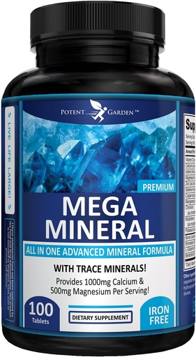 [BRSWGZQEO54G2DL6] Potent Garden Mega Mineral Supplement Complete Mineral Complex with Calcium Magnesium Zink Kalium Boron Selenium Chromium & 72 Trace Minerals Iron Free Calcium Supplement -100 Pillen