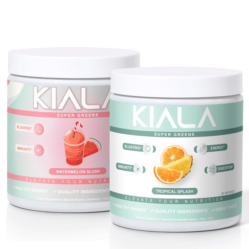 [BRSRAAYRBYCRSEYZ] Kiala Nutrition Super Greens, Organic Greens Powder, Spirulina & Chlorella Superfood Powder, Sugar & Gluten Free Vegan, Spectra Blend, Watermelon & Tropical Slush 2 Pack