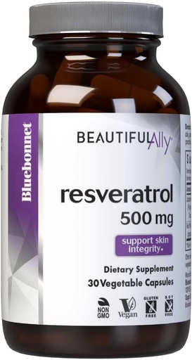 [BRSWIYIMOIGBWCY7] Bluebonnet Nutrition Beautiful Ally Resveratrol 500mg, Защита на целостта на кожата *, Non-GMO, Веган, Gluten-Free, Soy-Free, Dairy-Free, 30 растителни капсули, 30 Сервиз
