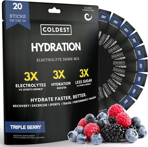 [BRSRMAQ2OB7AKALK] Coldest Hydration - Electrolytes Powder Packets - Non GMO & No Artificial Sugar - Electrolyte Drink Mix - Easy Open Single-Serving Stick Drop in Water - 20 Sticks per Pack (Triple Berry)