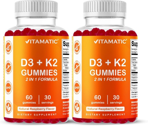 [BRSW2HQYPINBOCTF] Vitamatic Витамин D3 & K2 Gummies (2-Pack, 60 Count) Поддържа здрави кости, здравето на сърцето, Калций Абсорбция, и имунната функция Plant-базирани, Non-GMO, Gluten-Free
