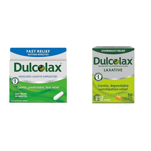 [BRSROBQEBMAQMHLG] Dulcolax Fast Relief Medicated Laxative Suppositories Fast Relief, Rectal Use Only, Bisacodyl, 10 mg & Overnight Relief Laxative for Gentle Constipation Relief, Bisacodyl 5 mg Tablets, 50 Count
