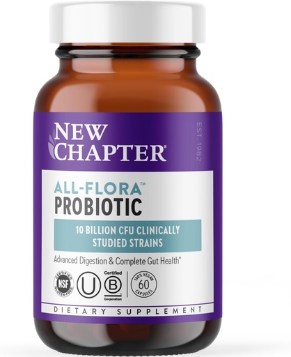 [BRSWGFLYBYGQMCQ3] New Chapter Probiotic All-Flora - 60 ct (2 Month Supply) for Advanced Digestion & Complete Gut Health with Prebiotics + Postbiotics, Clinically Studied Strains, 100% Vegan, Non-GMO, Shelf Stable