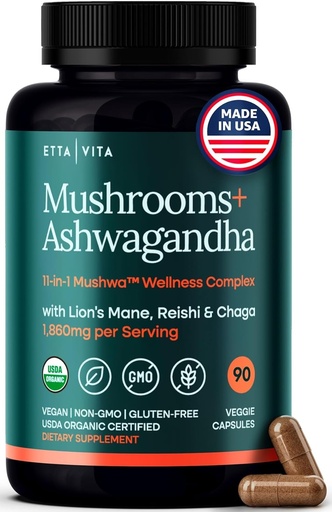 [BRSROHQLAANQIHTZ] USDA Organic Lions Mane Supplement Capsules with Ashwagandha, Chaga, Reishi, Cordyceps, Turkey Tail (18,600mg/serv) 10x Adaptogenic Mushroom Complex as Focus Supplement - Energy, Immunity & Nootropic