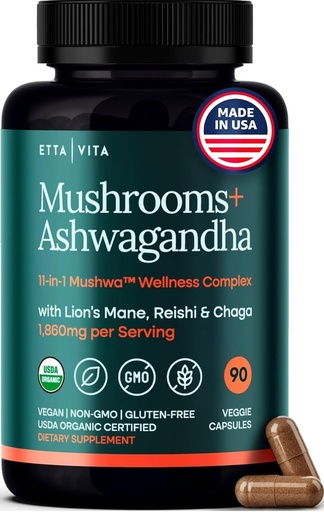 [BRSROHQLAANQIHTZ] USDA Organic Lions Mane Supplement Capsules with Ashwagandha, Chaga, Reishi, Cordyceps, Turkey Tail - 10x Adaptogenic Mushroom Complex as Focus Supplement - Energy, Immunity & Nootropic
