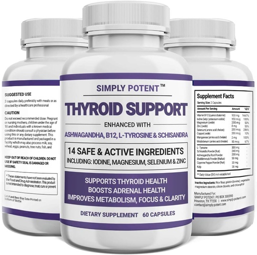 [BRSWGAQDOEFBO23B] Simply Potent Thyroid Support & Adrenal Support Supplement 2-in-1 Natural Formula with Iodine & Ashwagandha for Energy, Metabolism, Focus for Women & Men, 60 Caps