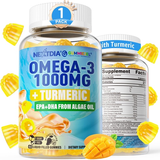 [BRSRA2QFOUDQKH33] Vegan Omega-3 Gummies 1000mg + Turmeric - Omega 3 Fish Oil Alternative for Adults - Algae DHA 600mg & EPA 300mg, Vitamins A, C, E, Zinc & MSM, Sugar Free, 60 Cts