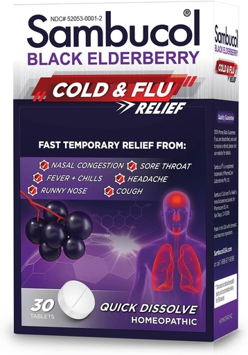 [BRSWIYYPOIPRGGTI] Sambucol Cold and Flu Relief Tablets - Homeopathic Cold Medicine, Cold Remedy for Adults, Black Elderberry for Colds, Zinc Cold Remedy - 30 Count