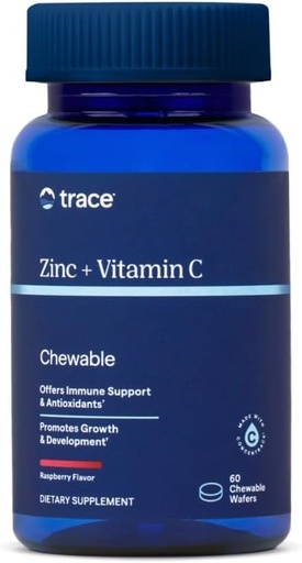 [BRSWGA34DEGROCIZ] Trace מינרלים Zinc Plus ויטמין C - Chewable Multivitamin for Enzyme Function & Health Growth Support - ויטמין & מינרלים תוספת לבריאות החיסון - Raspberry, 60 Chawable Wafers (60 משרתים)