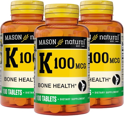 [BRSW2BIPOABAGELG] MASON NATURAL Vitamin K 100 mcg, Supports Bone & Joint Health, Helps Calcium Absorption, 100 Tablets, Pack of 3