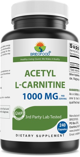 [BRSRAFT5BMIW2DY3] Brieofood Acetyl L-Carnitine 1000 mg Per Serving- 240 Capsules. Gluten-Free, Non-GMO.