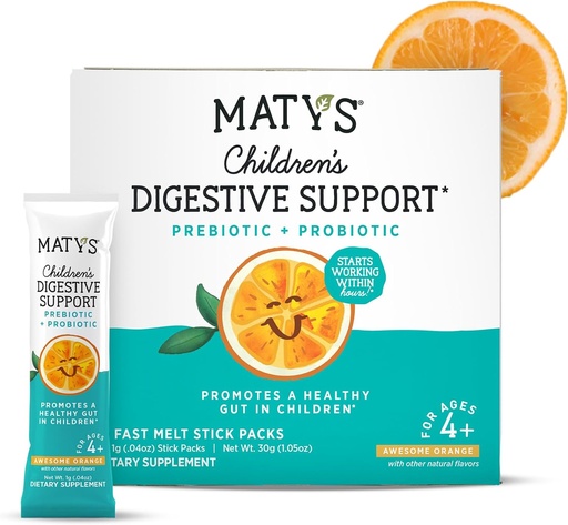 [BRSRMFQ5OQHWOALZ] Matys Children’s Digestive Support, Prebiotic & Probiotic Powder Packs for Kids Digestive Health, Ages 4 Years +, Awesome Orange Flavor, No Added Sugar, Gluten Free, Fast Melt, 30 Single Serve Packets