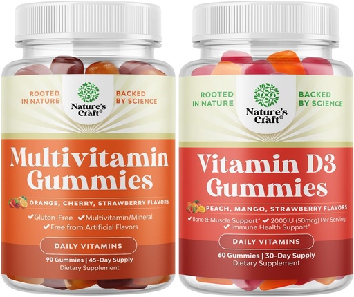 [BRSRMAL7BZ5GOF3Z] Bundle of Multivitamine Gummies for Adulti - Halal Multivitamine Gummy with B12 Biotin for Men & Women and Vitamin D3 Gummies for Daily Wellness with 2000UI per Serving Bone Muscle & Immune Support