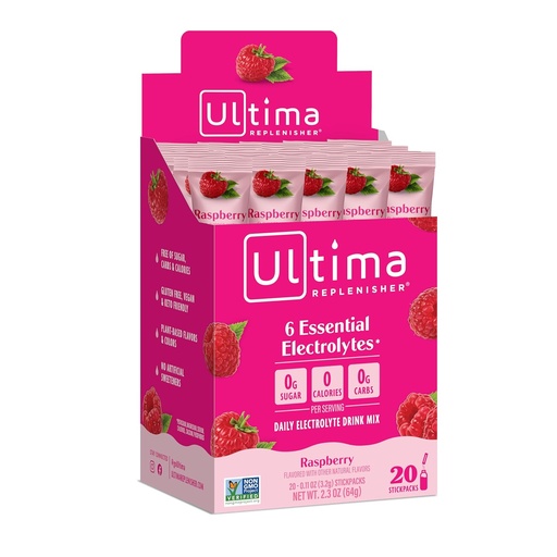 [BRSWKGYAAQHGMEY5] Ultima Replenisher, Electrolyte Hydration Пити суміш, малиновий, 20 Count Stickpacks Box - Sugar Free, 0 Калорії, 0 Carbs - Gluten-Free, Keto, Non-GMO, Vegan