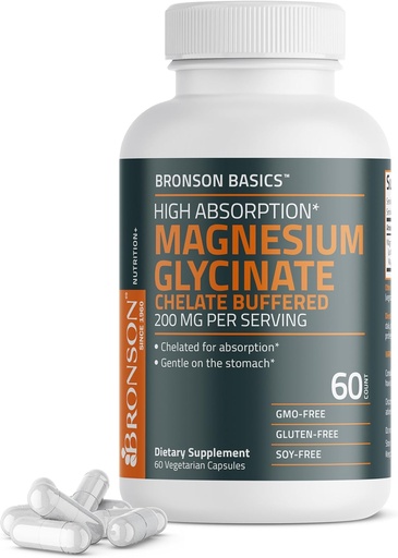 [BRSRAGAZCQBQKYIZ] Bronson Magnesium Glycinate 200mg High Absorpsi Cheriated Buffered Gentle On The Stomach Non-GMO, 60 Vegetarian Capsules