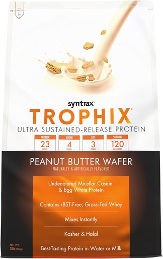 [BRSROFD6AUCGKEYZ] Syntrax Nutrition Trophix, Ultra Sustained-Release Protein Powder Blend, Peanut Butter Wafer 2 lbs, Real Wafer Pieces