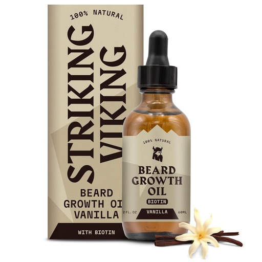 [BRSW2AIQAQBQE2TF] Striking Viking Beard Growth Oil with Biotin - 2 Fl Oz, Vanilla - Thickening, Conditioning Biotin Beard Oil Serum for Men with Argan & Jojoba - Facial Hair Growth Serum for Men