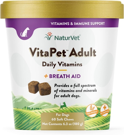 [BRSWIHQOC4MBYETK] NaturVet VitaPet Adult Daily Vitamíny Plus Dýchacia pomôcka pre dospelých psov, 60 ct Soft Chews, vyrobené v USA s globálnym zdrojom zložiek