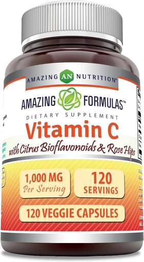 [BRSROCD6BYPQI3I3] Niesamowite witaminy C (kwas askorbinowy) 1000 Mg z Rose HIPS & Citrus Bioflavonoids 124; Veggie kapsułki suplement suplement 124; Non-GMO Bio 124; Gluten wolny 124; Made in USA (120 Count)