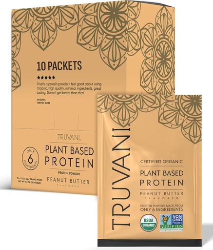 [BRSRMCADDIFWME3A] Truvani Vegan Pea Protein Powder | Peanut Butter | 20g Organic Plant Based Protein | Single Serving Travel Packets | 10 Servings | Keto | Gluten & Dairy Free | Low Carb | No Added Sugar