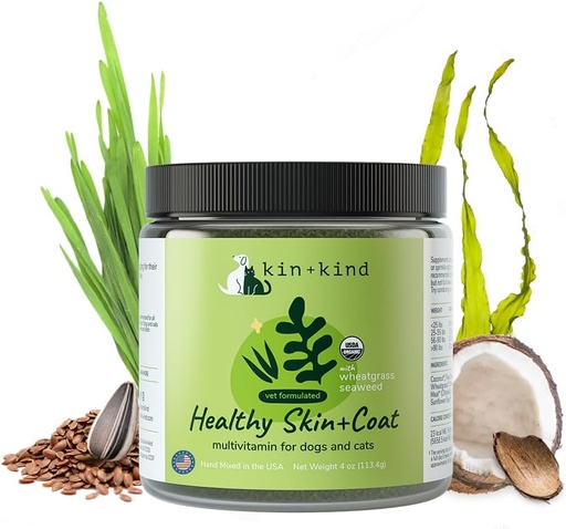 [BRSWKHY3DEAGOHLD] kin+kind Organic Multivitamin for Dogs & Cats - Pet Supplement for Healthy Skin and Coat - Safe, Natural Formula with Wheatgrass, Kelp, Seaweed and Coconut - Made in USA - 4 oz (Medium)