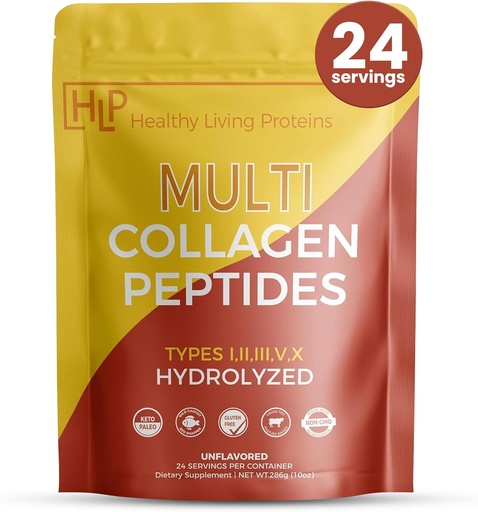 [BRSROFQEBEDRMF3G] Healthy Living Proteins - Hydrolyzed Multi Collagen Peptides Powder Types I, II, III, V & X - Grass Fed Bovine, Wild Caught Marine, Free Range Chicken - Gluten Free (Unflavored 10 oz)