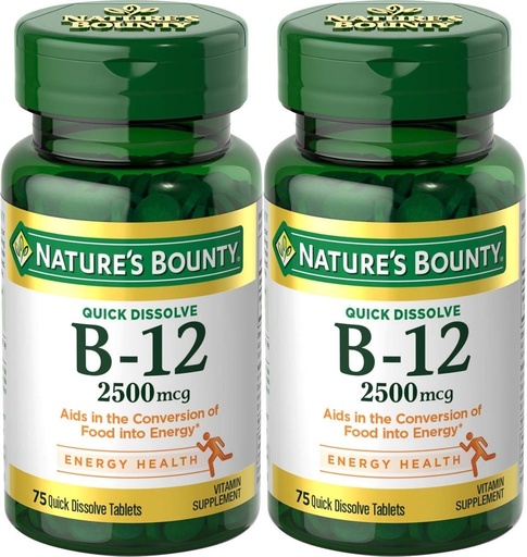 [BRSWKHQMOIBAKA3A] Natures Bounty Vitamin B-12, Quick Dissolve, 2500 mcg, Natural Cherry Flavor 75 ct (2 Pack)